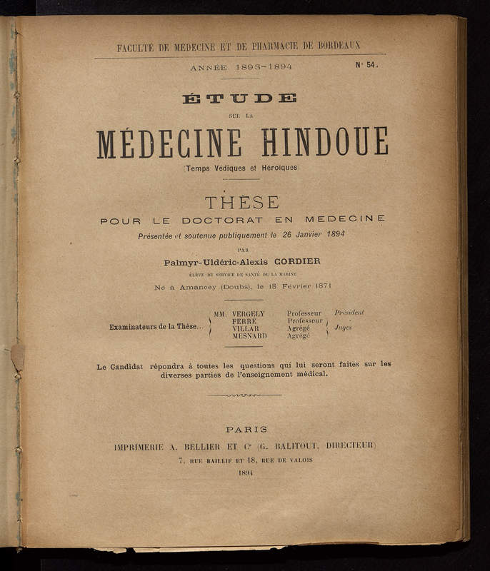 Étude sur la médecine hindoue : Temps védiques et héroïques. Palmyr Uldéric Alexis. Cordier. 1894